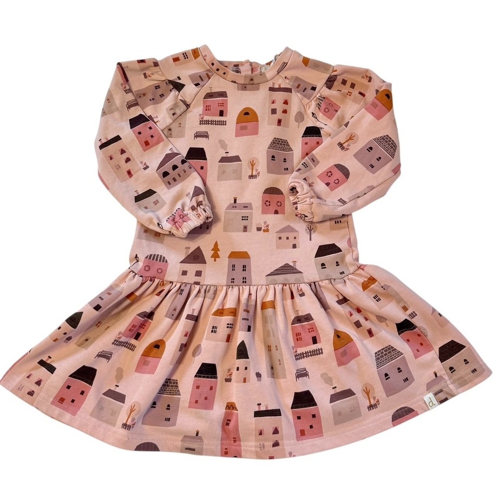 DEUX PAR DEUX GIRLS FRENCH TERRY PINK CORAL HOUSES LONG SLEEVE DRESS 5